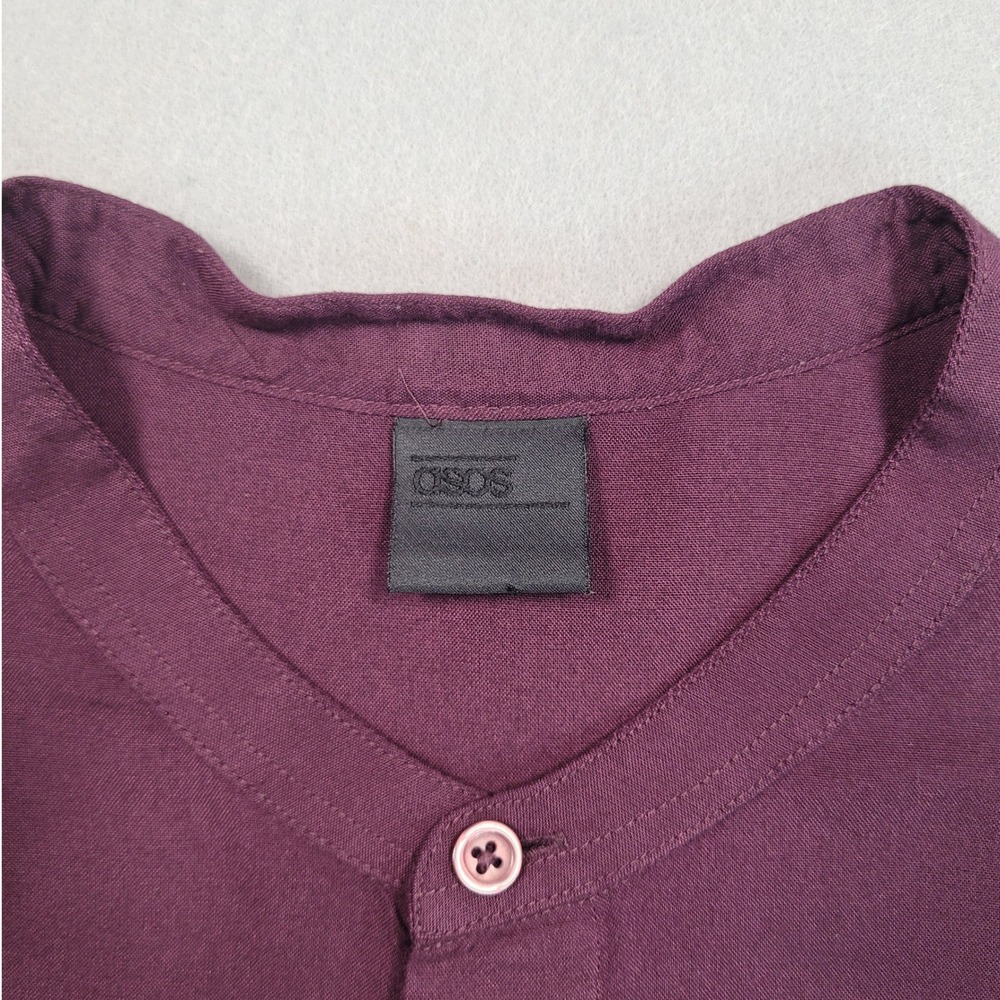 ASOS Mens Grandad Collar Long Sleeve Button Down Shirt Burgundy Maroon Large - Picture 9 of 9